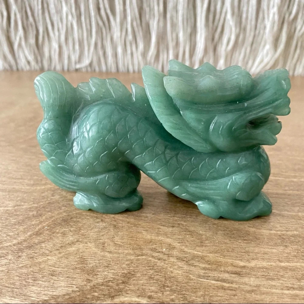 Antique Solid Jadeite Hand Carved Polished Stone Dragon